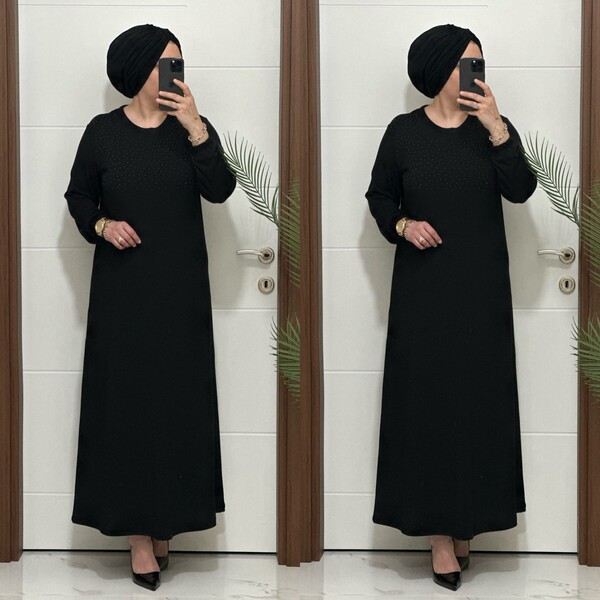 25347 K 125 SİYAH DİLARA TAŞLI TRİKO ELBİSE - Thumbnail