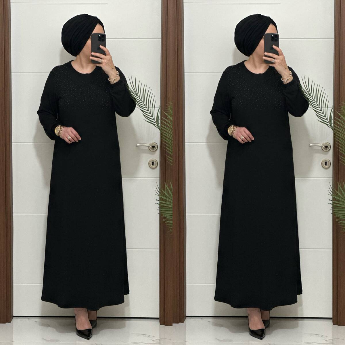 25347 K 125 SİYAH DİLARA TAŞLI TRİKO ELBİSE