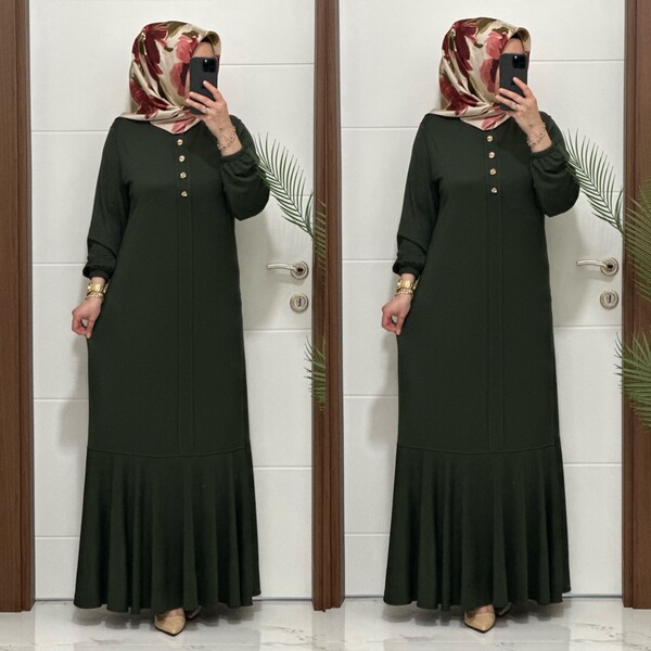 25307 K 125 HAKİ EDİZ VOLANLI ELBİSE - Thumbnail