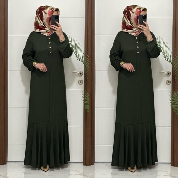 25307 K 125 HAKİ EDİZ VOLANLI ELBİSE - Thumbnail