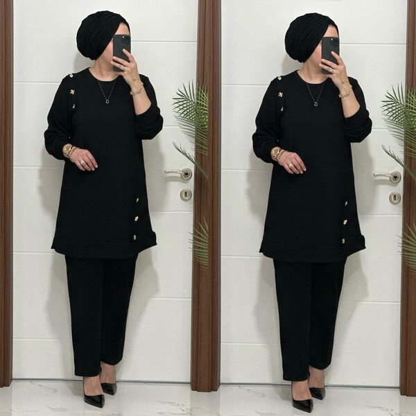 1313 K 150 SİYAH DÜĞME DETAY YAKAMOZ TAKIM - Thumbnail