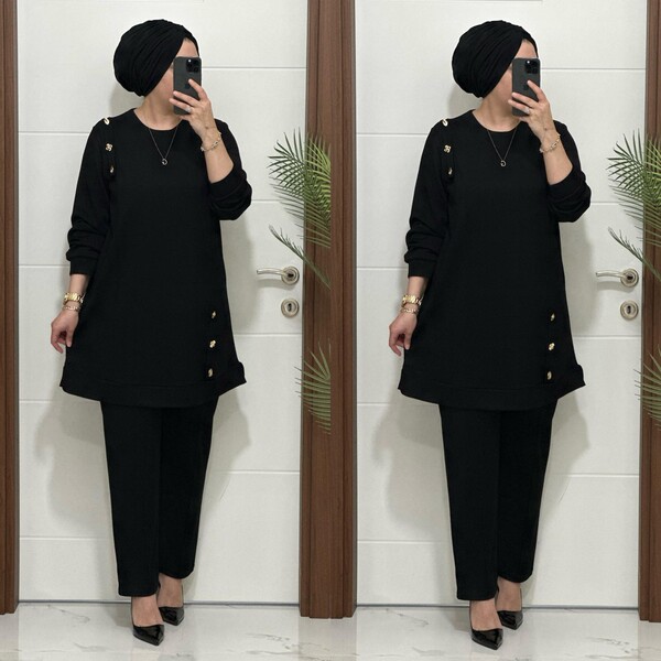 1313 K 150 SİYAH DÜĞME DETAY YAKAMOZ TAKIM - Thumbnail