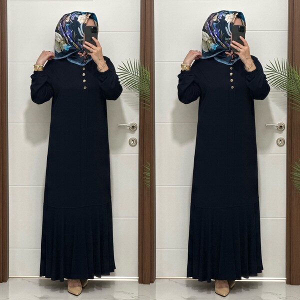 25307 K 125 LACİVERT EDİZ VOLANLI ELBİSE - Thumbnail