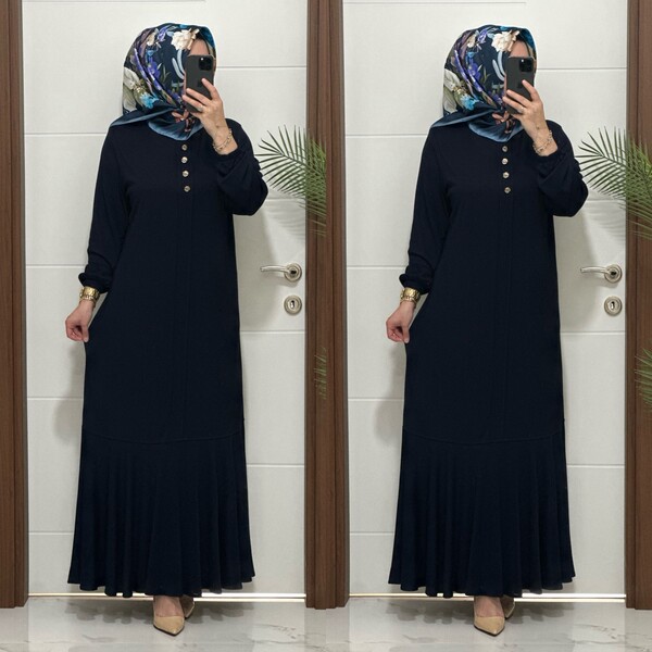 25307 K 125 LACİVERT EDİZ VOLANLI ELBİSE - Thumbnail