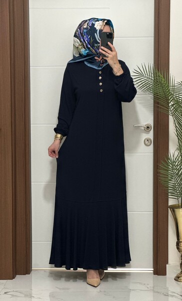 25307 K 125 LACİVERT EDİZ VOLANLI ELBİSE - Thumbnail