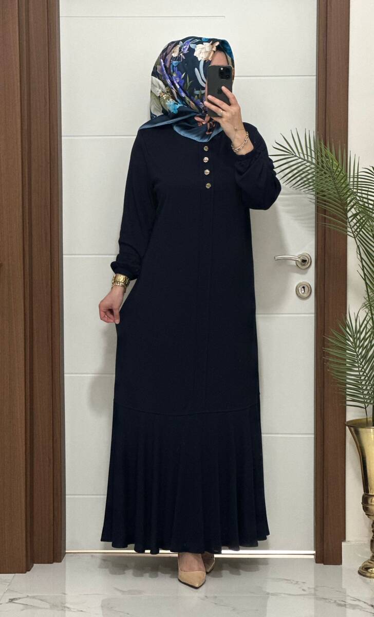 25307 K 125 LACİVERT EDİZ VOLANLI ELBİSE