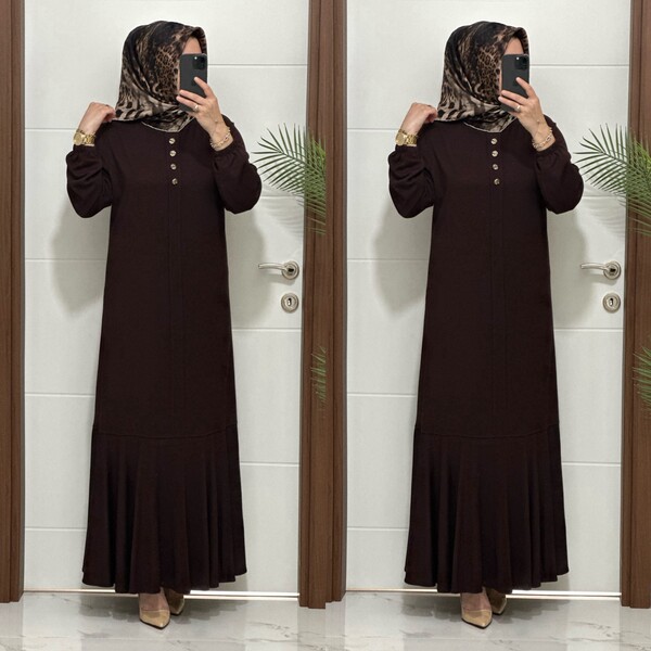 25307 K 125 KAHVE EDİZ VOLANLI ELBİSE - Thumbnail