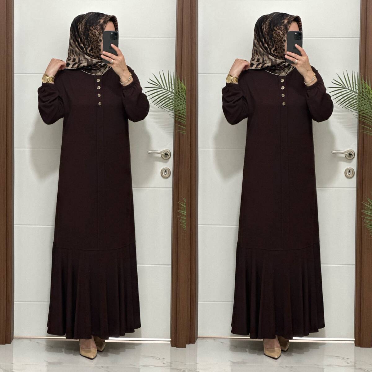 25307 K 125 KAHVE EDİZ VOLANLI ELBİSE