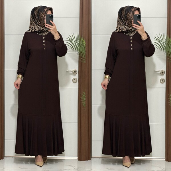 25307 K 125 KAHVE EDİZ VOLANLI ELBİSE - Thumbnail