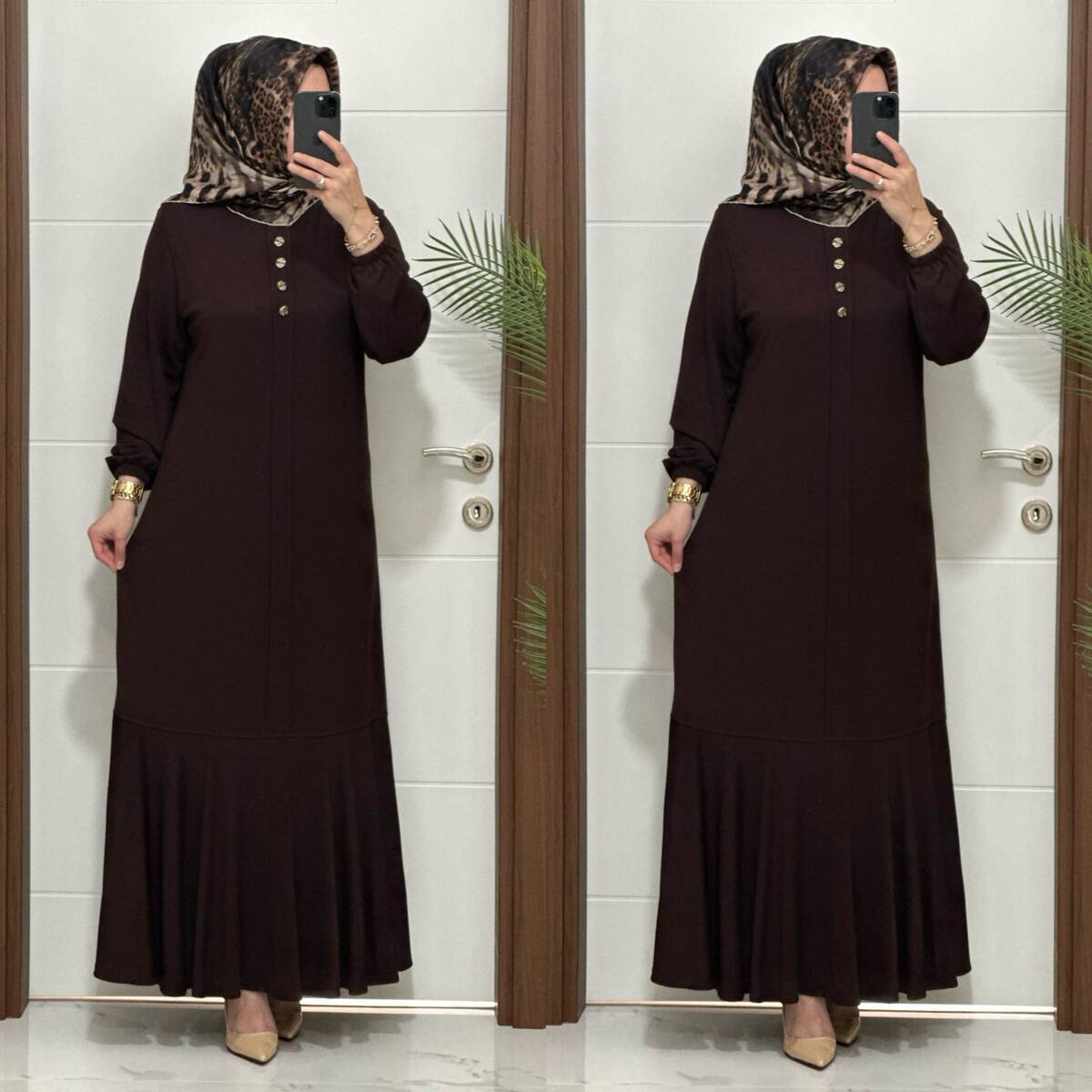 25307 K 125 KAHVE EDİZ VOLANLI ELBİSE