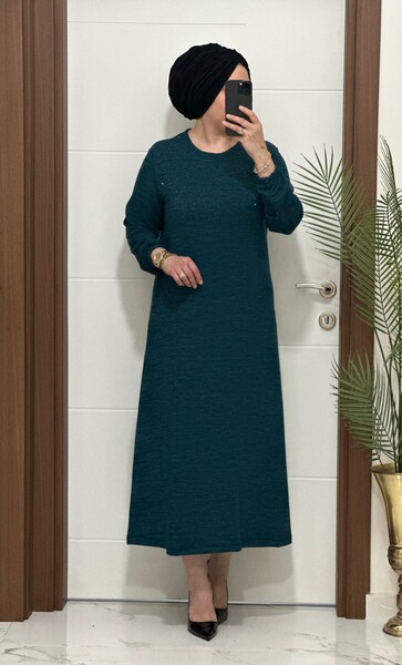 25347 K 125 PETROL DİLARA TAŞLI TRİKO ELBİSE - Thumbnail