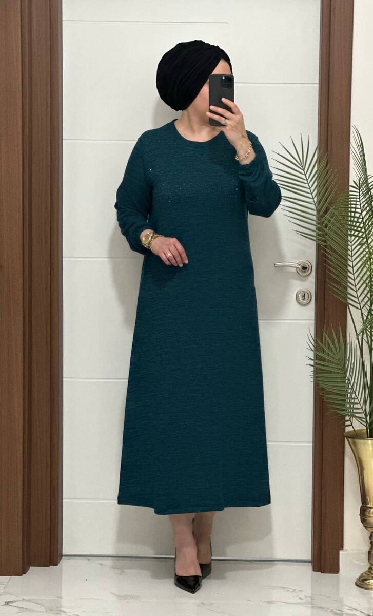 25347 K 125 PETROL DİLARA TAŞLI TRİKO ELBİSE