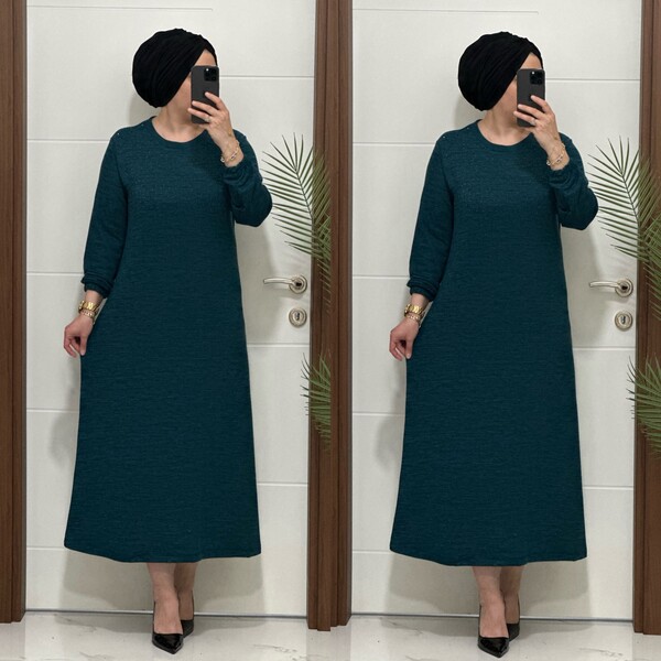 25347 K 125 PETROL DİLARA TAŞLI TRİKO ELBİSE - Thumbnail