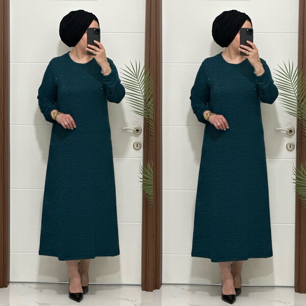 25347 K 125 PETROL DİLARA TAŞLI TRİKO ELBİSE - Thumbnail