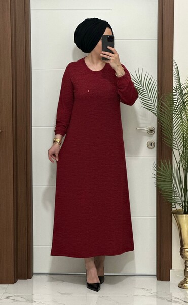 MASAL ABİYEM - 25347 K 125 BORDO DİLARA TAŞLI TRİKO ELBİSE