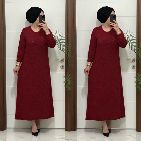 25347 K 125 BORDO DİLARA TAŞLI TRİKO ELBİSE - Thumbnail