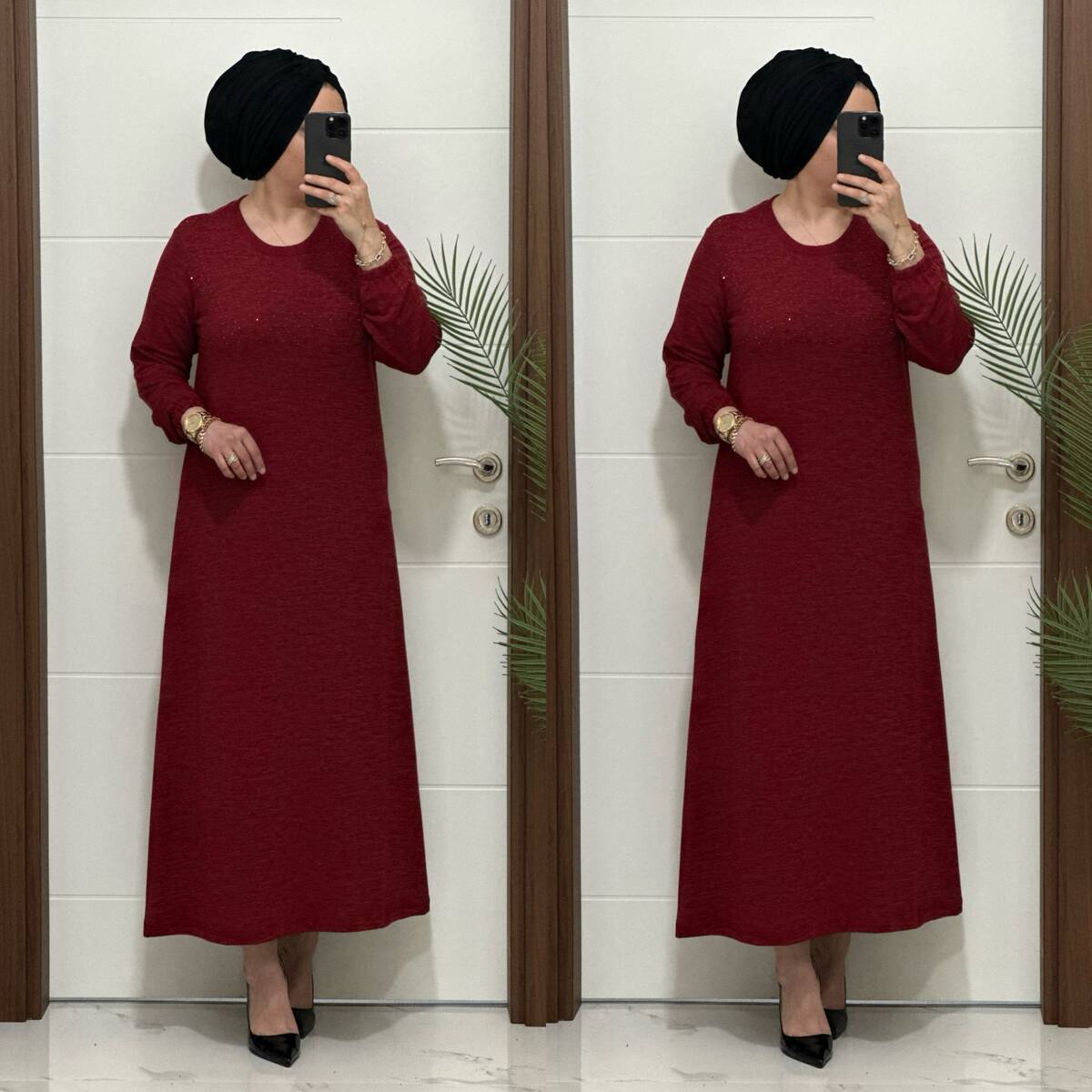 25347 K 125 BORDO DİLARA TAŞLI TRİKO ELBİSE