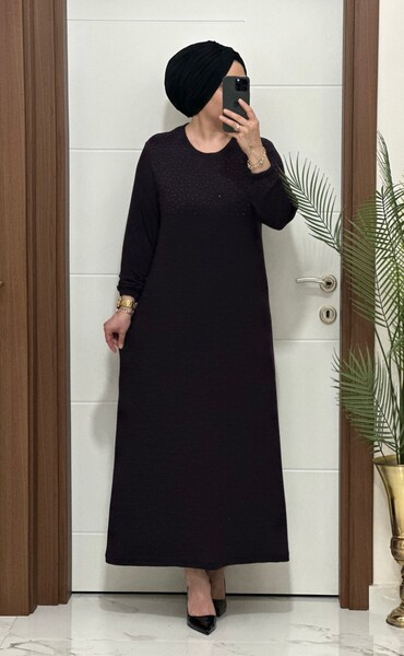 MASAL ABİYEM - 25347 K 125 MÜRDÜM DİLARA TAŞLI TRİKO ELBİSE