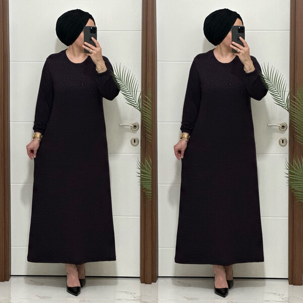 25347 K 125 MÜRDÜM DİLARA TAŞLI TRİKO ELBİSE - Thumbnail