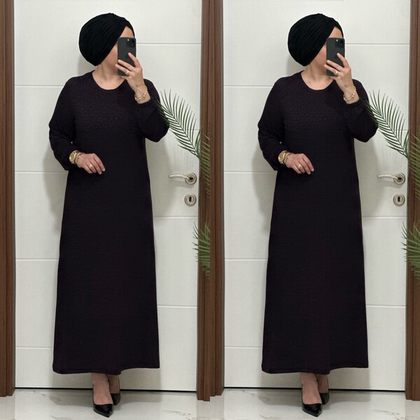 25347 K 125 MÜRDÜM DİLARA TAŞLI TRİKO ELBİSE - Thumbnail