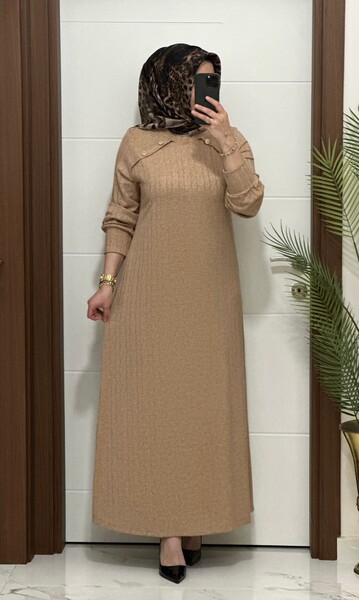 MASAL ABİYEM - 26345 K 175 CAMEL DEMET TRİKO ELBİSE