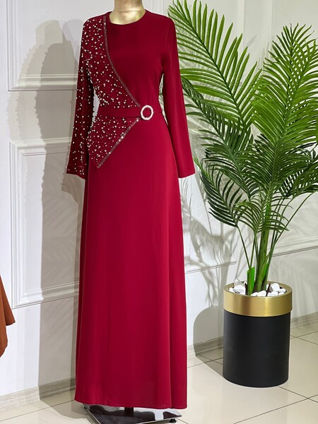 MASAL ABİYEM - 2671 K125 KIRMIZI KOL VE ÖN İNCİLİ ELBİSE