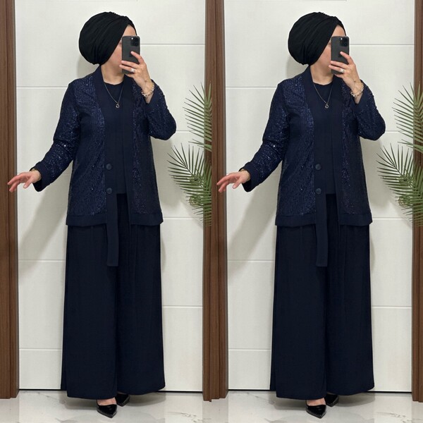 7213 K200 LACİVERT PUL PAYET ZARA TAKIM - Thumbnail