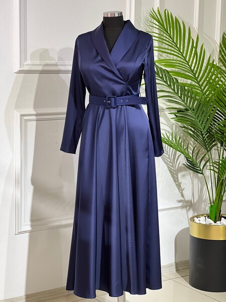 MASAL ABİYEM - 2744 k150 LACİVERT BEL KEMERLİ SATEN ELBİSE