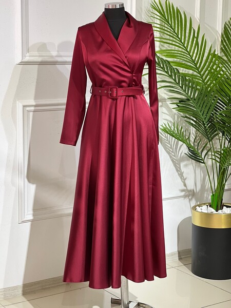 MASAL ABİYEM - 2744 k150 BORDO BEL KEMERLİ SATEN ELBİSE