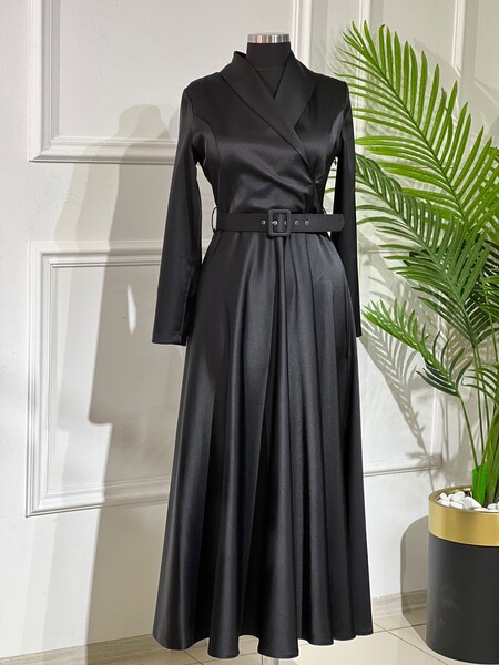 MASAL ABİYEM - 2744 k150 BEL SİYAH KEMERLİ SATEN ELBİSE