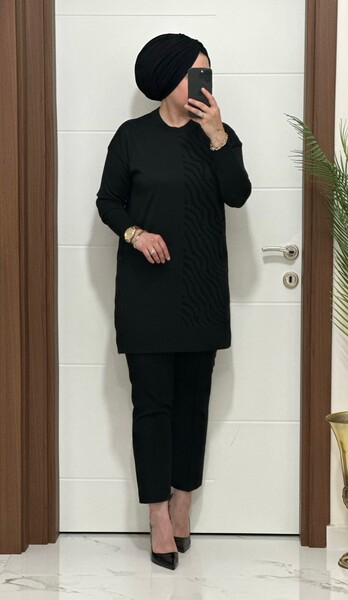 5100 K 100 SİYAH ZEBRA DESEN SOĞUK İPLİK TUNİK - Thumbnail