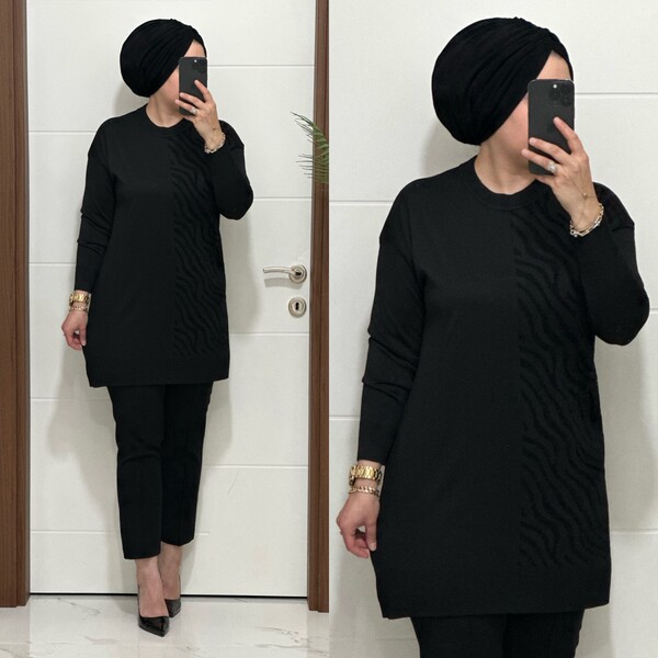 5100 K 100 SİYAH ZEBRA DESEN SOĞUK İPLİK TUNİK - Thumbnail