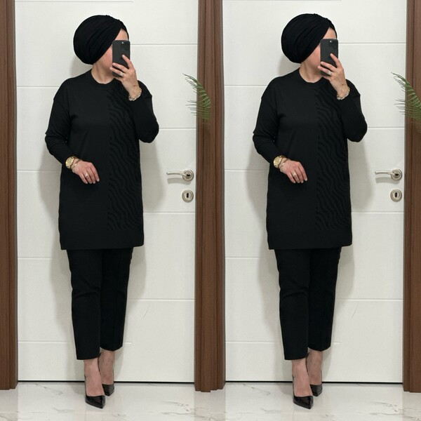 5100 K 100 SİYAH ZEBRA DESEN SOĞUK İPLİK TUNİK - Thumbnail