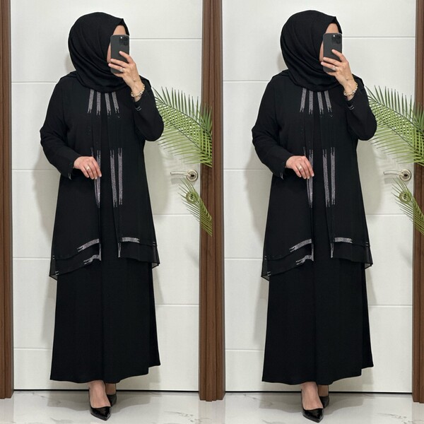 1453 K 150 SİYAH ŞİFON TAŞLI ABİYE - Thumbnail