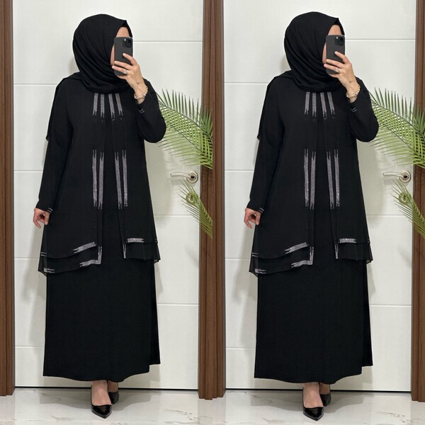 1453 K 150 SİYAH ŞİFON TAŞLI ABİYE - Thumbnail