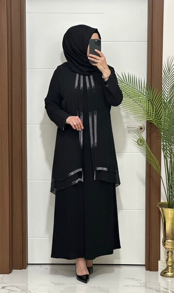 1453 K 150 SİYAH ŞİFON TAŞLI ABİYE - Thumbnail