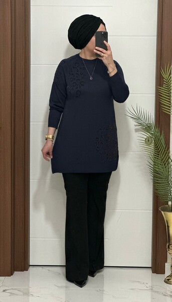 MASAL ABİYEM - 35301K 100 LACİVERT LEOPAR DESEN TRİKO TUNİK