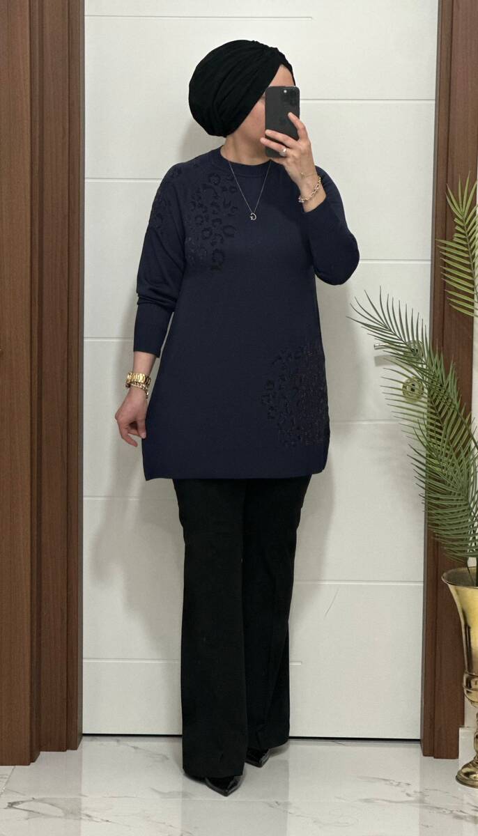 35301K 100 LACİVERT LEOPAR DESEN TRİKO TUNİK