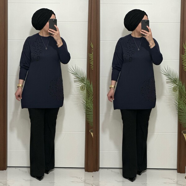 35301K 100 LACİVERT LEOPAR DESEN TRİKO TUNİK - Thumbnail