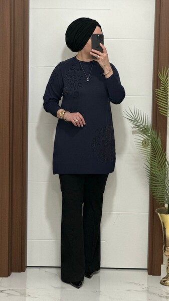 35301K 100 LACİVERT LEOPAR DESEN TRİKO TUNİK - Thumbnail