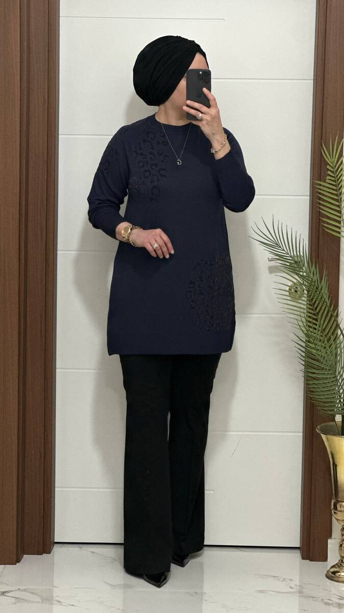 35301K 100 LACİVERT LEOPAR DESEN TRİKO TUNİK