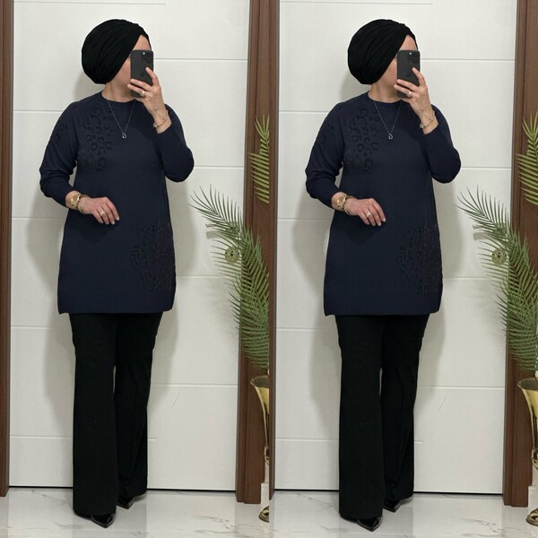 35301K 100 LACİVERT LEOPAR DESEN TRİKO TUNİK - Thumbnail