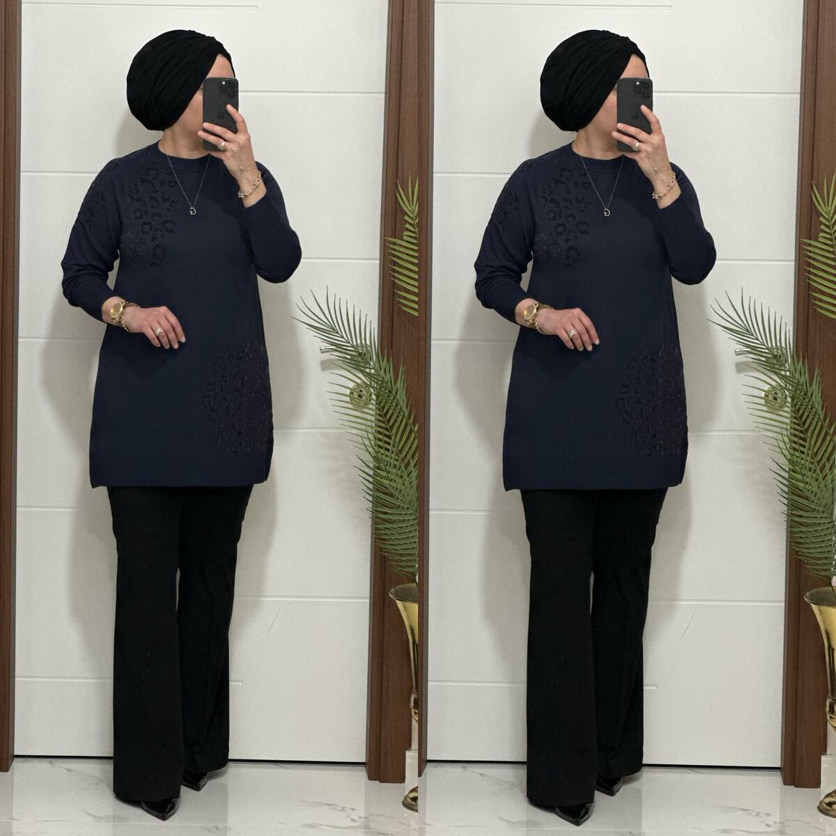 35301K 100 LACİVERT LEOPAR DESEN TRİKO TUNİK