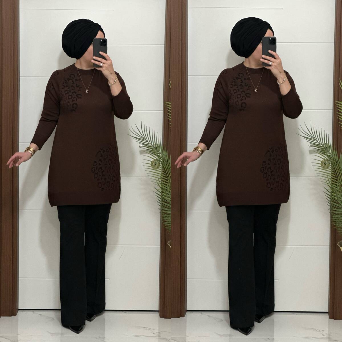 35301K 100 KAHVE LEOPAR DESEN TRİKO TUNİK