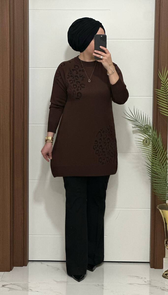 35301K 100 KAHVE LEOPAR DESEN TRİKO TUNİK