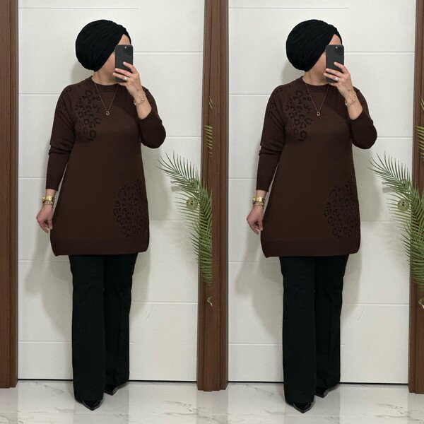 35301K 100 KAHVE LEOPAR DESEN TRİKO TUNİK - Thumbnail