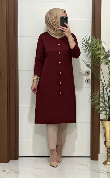 MASAL ABİYEM - 3580 K120 BORDO SOĞUK İPLİK DÜĞMELİ HIRKA 