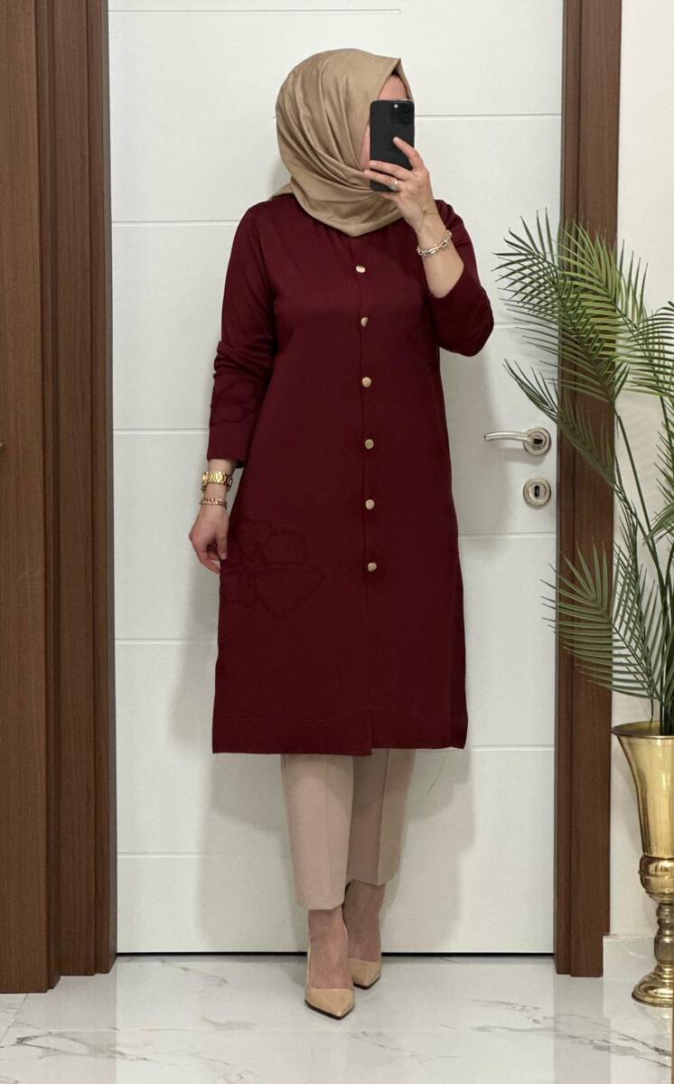 3580 K120 BORDO SOĞUK İPLİK DÜĞMELİ HIRKA 