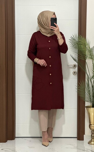 3580 K120 BORDO SOĞUK İPLİK DÜĞMELİ HIRKA - Thumbnail