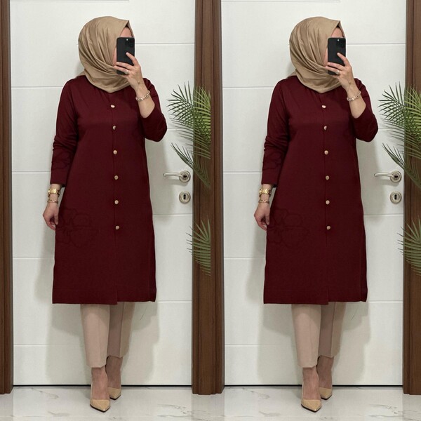 3580 K120 BORDO SOĞUK İPLİK DÜĞMELİ HIRKA - Thumbnail